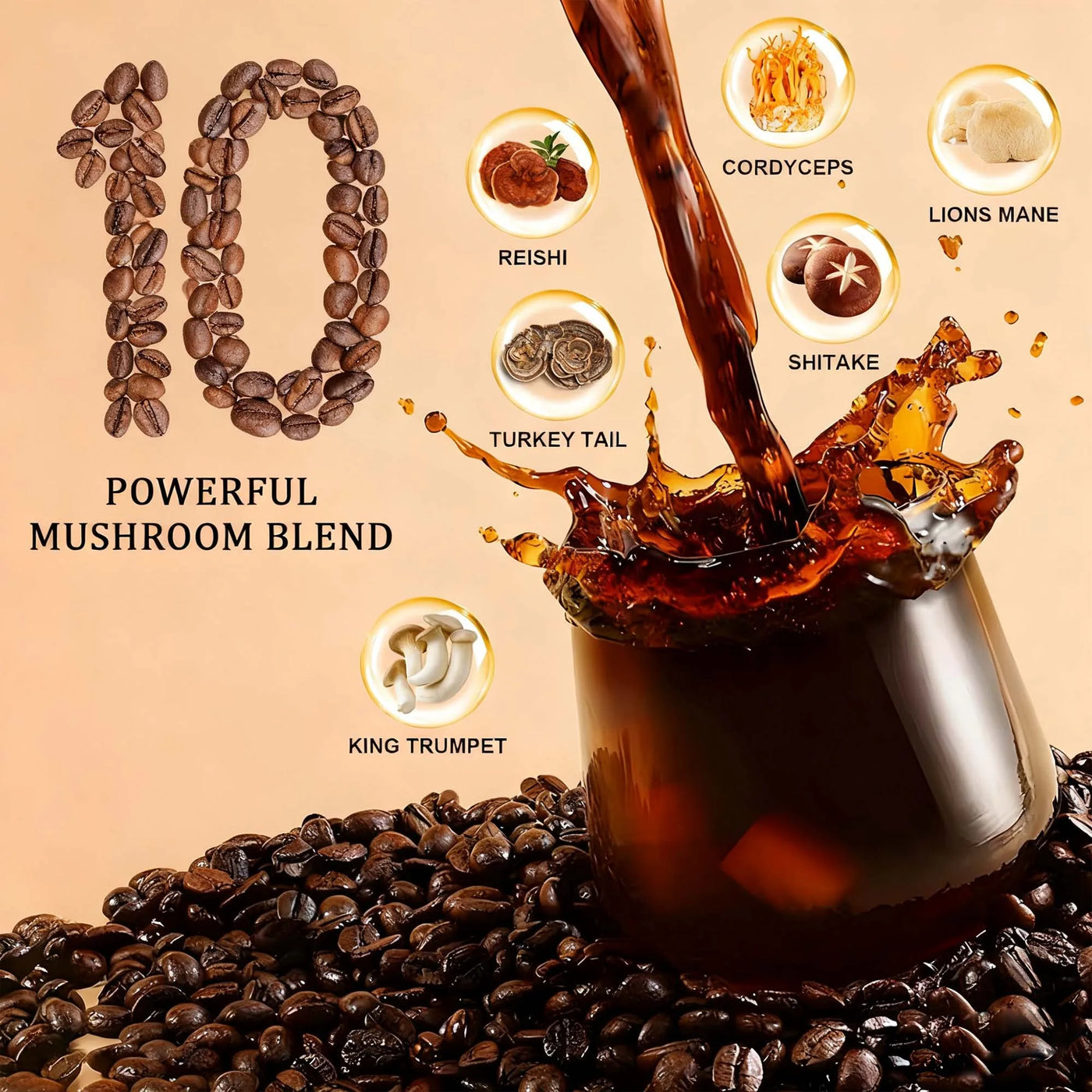 Mushroom Coffee With 10 Adaptogenic Mushrooms And MCT Oil, USA Grown Instant Coffee, With Turkey Tail, Shiitake, Lion'S Mane