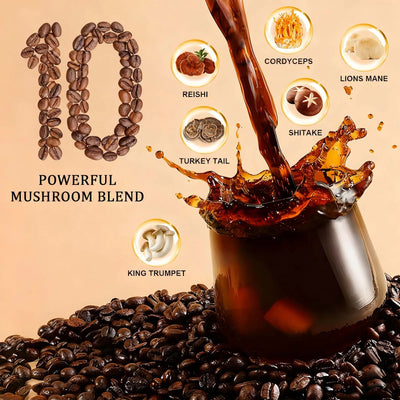 Mushroom Coffee With 10 Adaptogenic Mushrooms And MCT Oil, USA Grown Instant Coffee, With Turkey Tail, Shiitake, Lion'S Mane