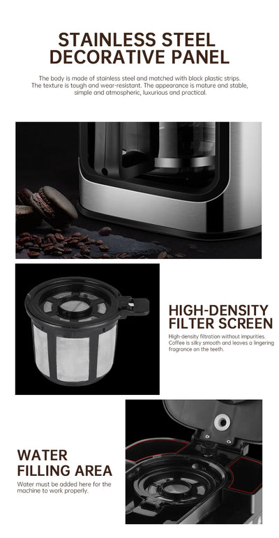 Fully automatic American coffee machine，Coffee beans or powder can be used，Electric grinding drip coffee machine 2-in-1