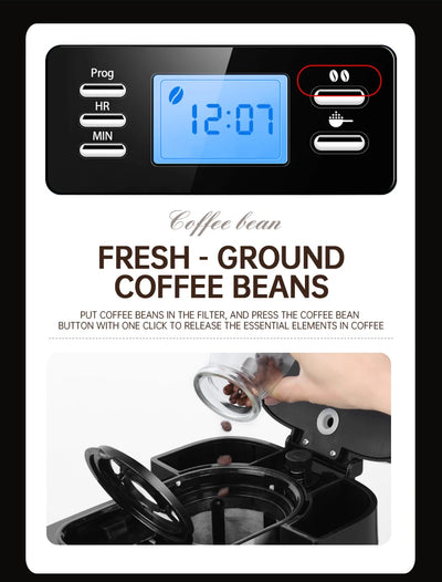 Fully automatic American coffee machine，Coffee beans or powder can be used，Electric grinding drip coffee machine 2-in-1