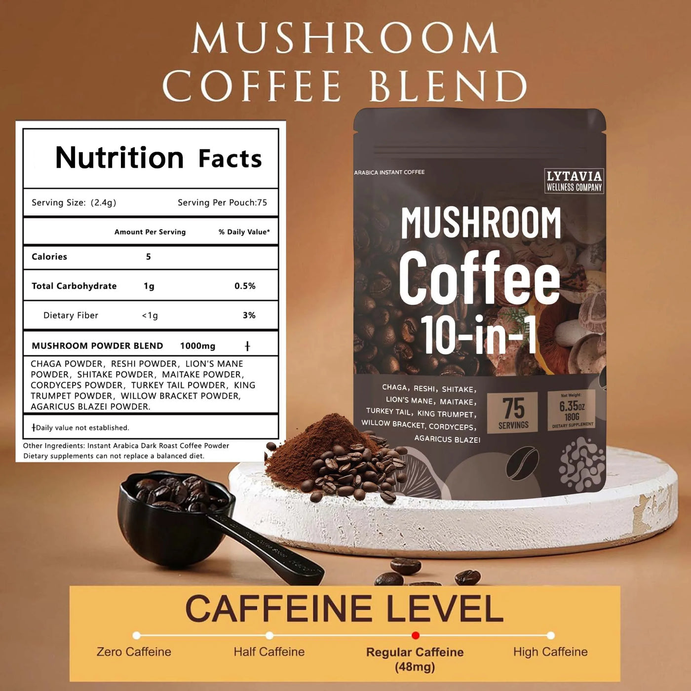Mushroom Coffee With 10 Adaptogenic Mushrooms And MCT Oil, USA Grown Instant Coffee, With Turkey Tail, Shiitake, Lion'S Mane