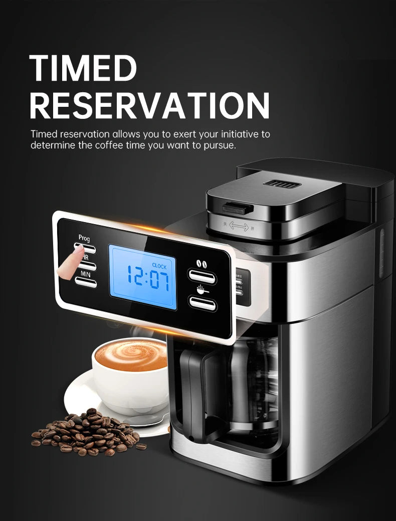 Fully automatic American coffee machine，Coffee beans or powder can be used，Electric grinding drip coffee machine 2-in-1