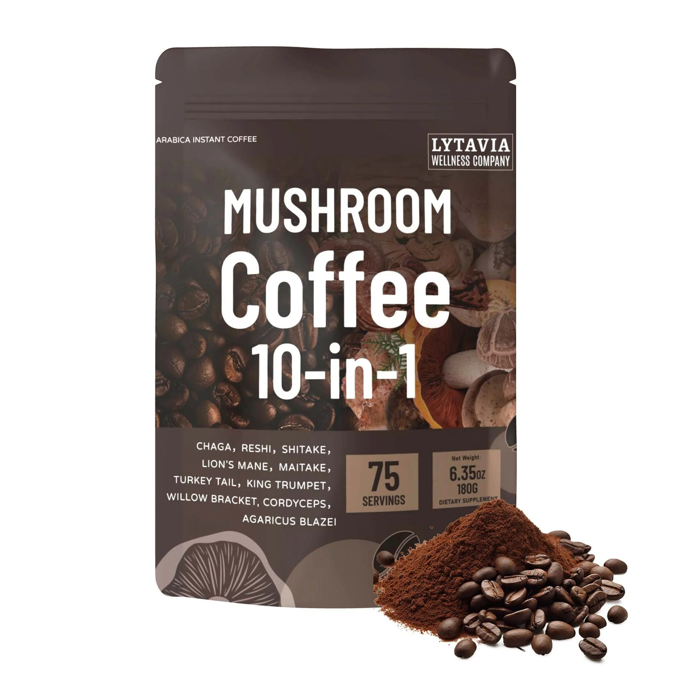 Mushroom Coffee With 10 Adaptogenic Mushrooms And MCT Oil, USA Grown Instant Coffee, With Turkey Tail, Shiitake, Lion'S Mane