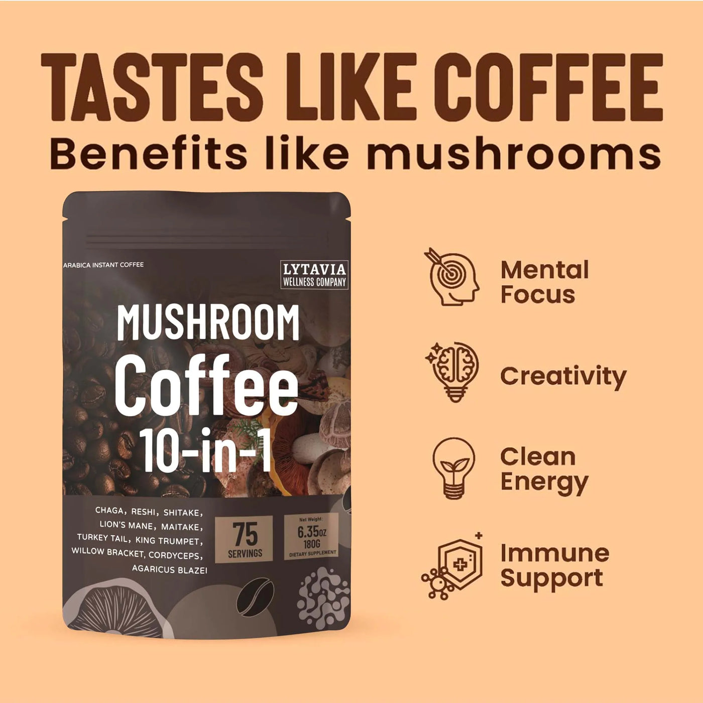 Mushroom Coffee With 10 Adaptogenic Mushrooms And MCT Oil, USA Grown Instant Coffee, With Turkey Tail, Shiitake, Lion'S Mane