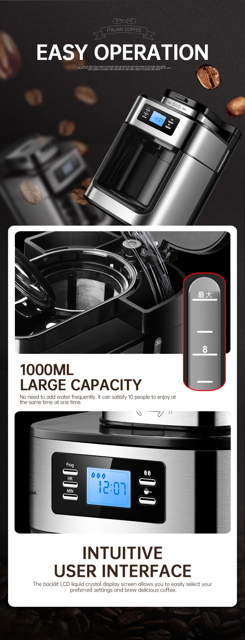 Fully automatic American coffee machine，Coffee beans or powder can be used，Electric grinding drip coffee machine 2-in-1