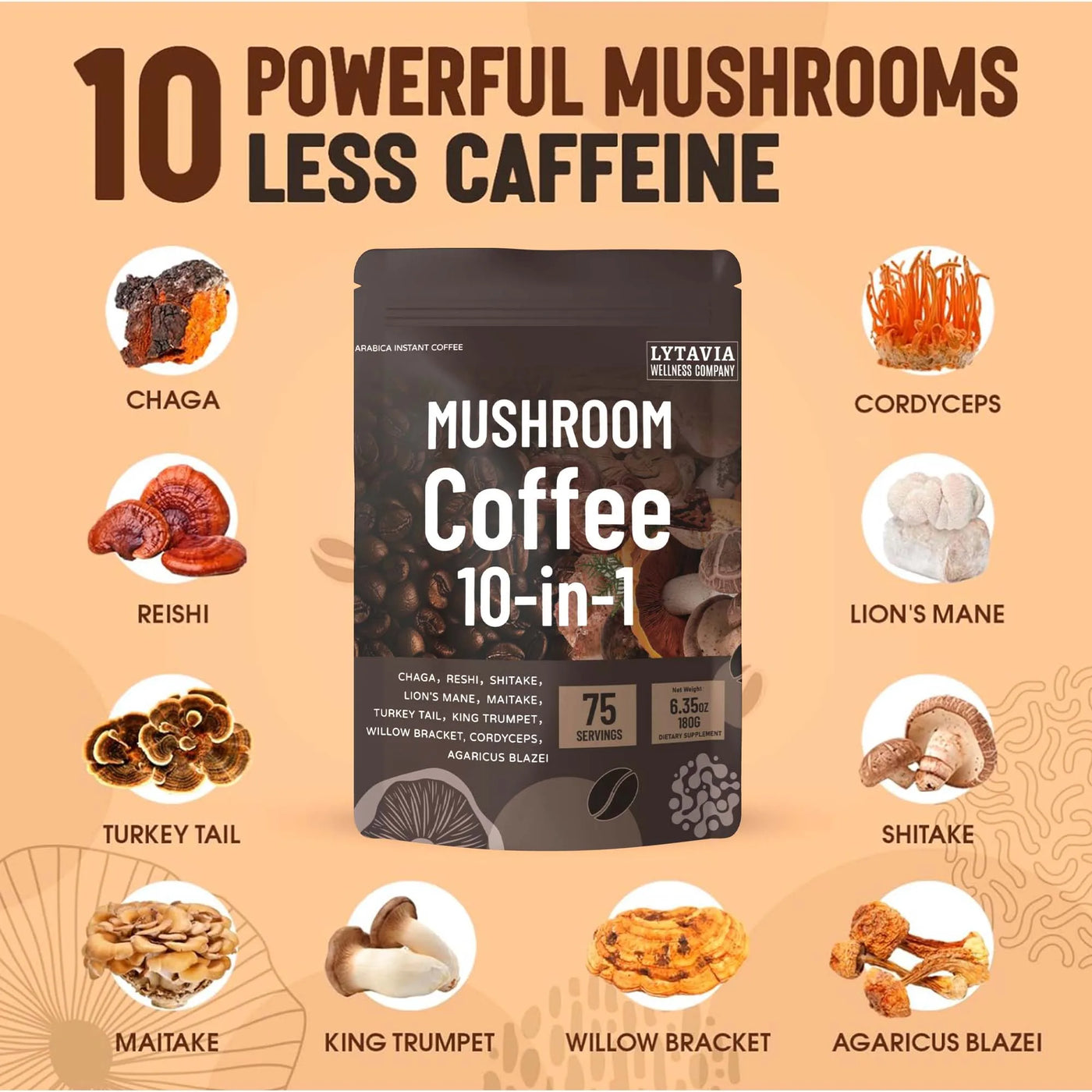 Mushroom Coffee With 10 Adaptogenic Mushrooms And MCT Oil, USA Grown Instant Coffee, With Turkey Tail, Shiitake, Lion'S Mane