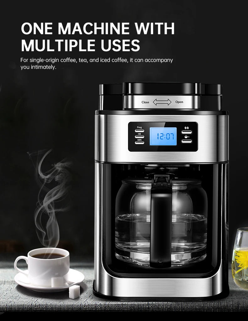Fully automatic American coffee machine，Coffee beans or powder can be used，Electric grinding drip coffee machine 2-in-1