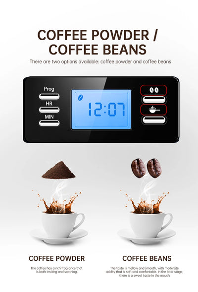 Fully automatic American coffee machine，Coffee beans or powder can be used，Electric grinding drip coffee machine 2-in-1