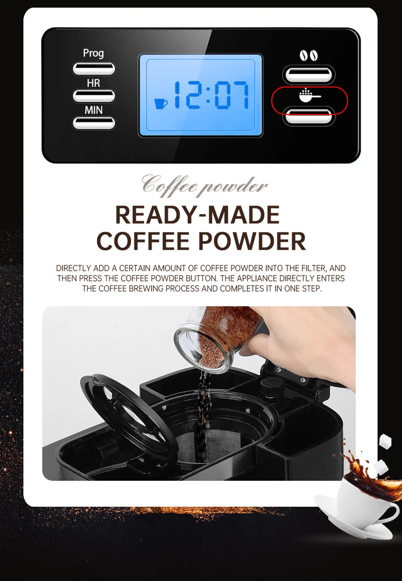 Fully automatic American coffee machine，Coffee beans or powder can be used，Electric grinding drip coffee machine 2-in-1